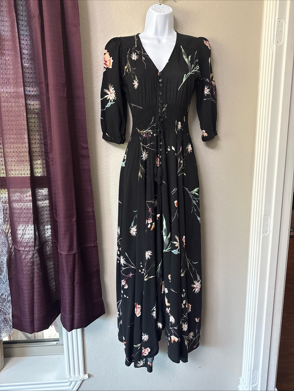 #938 Jaase Black Floral Button-Down Maxi Dress Size Extra Small